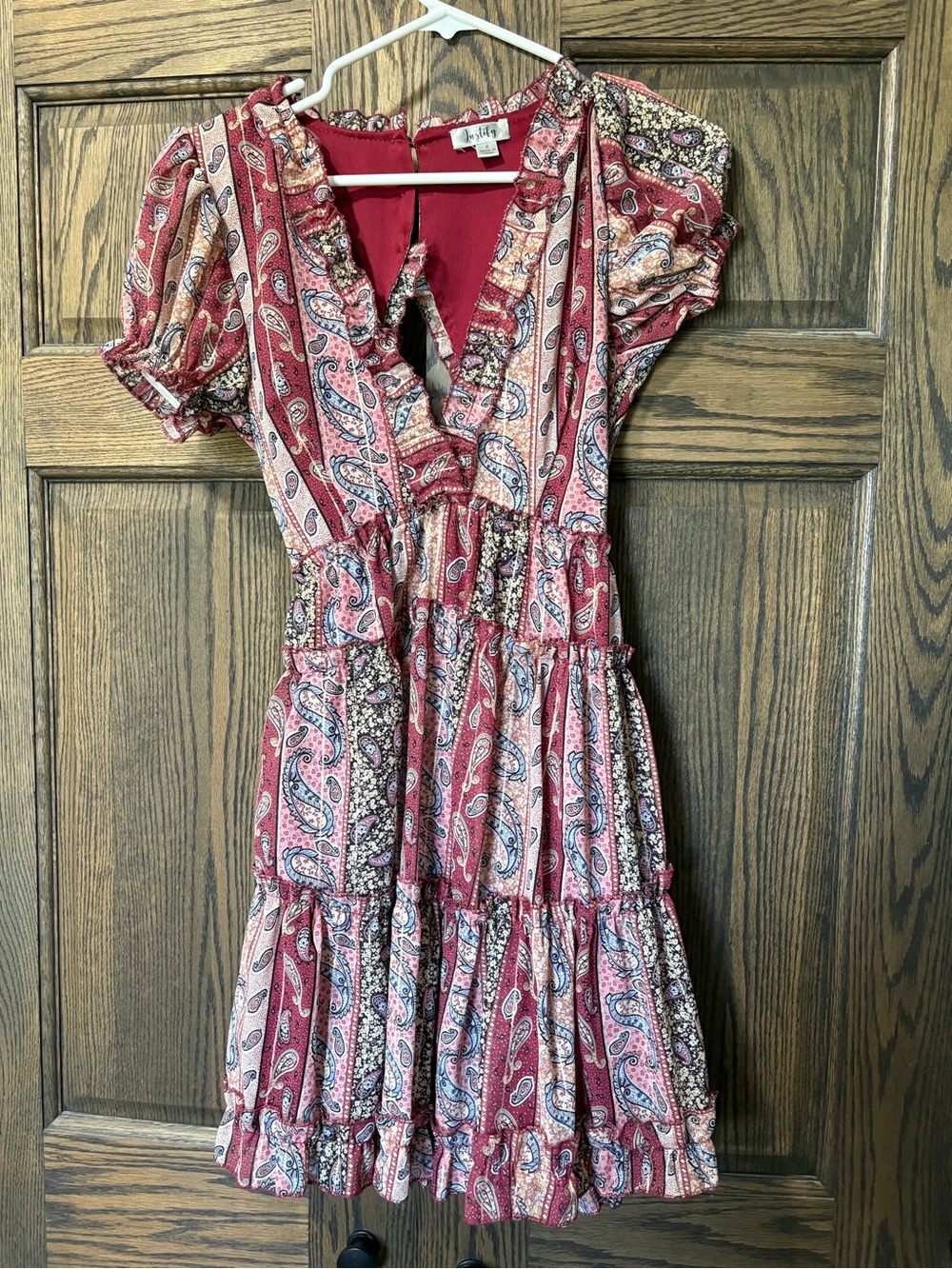 Justify Red Paisley Tiered V-Neck Mini Dress with Pink Accents and Open Back